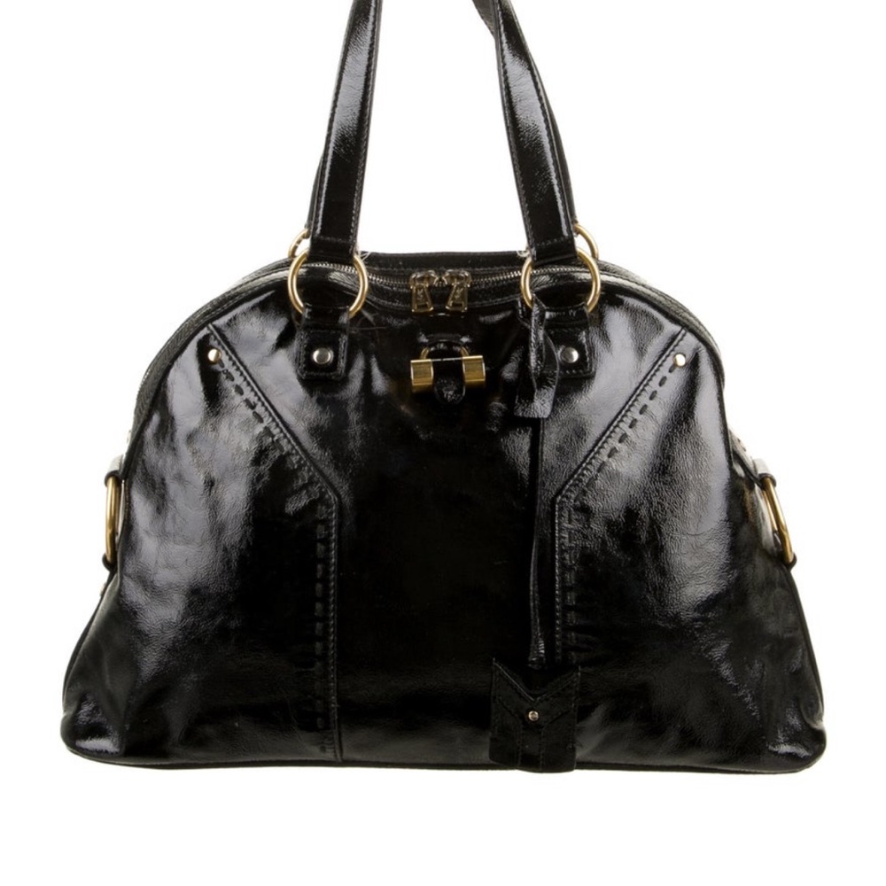 YSL RIVE GAUCHE Glossy Black Leather Shoulder Bag with Gold Accents